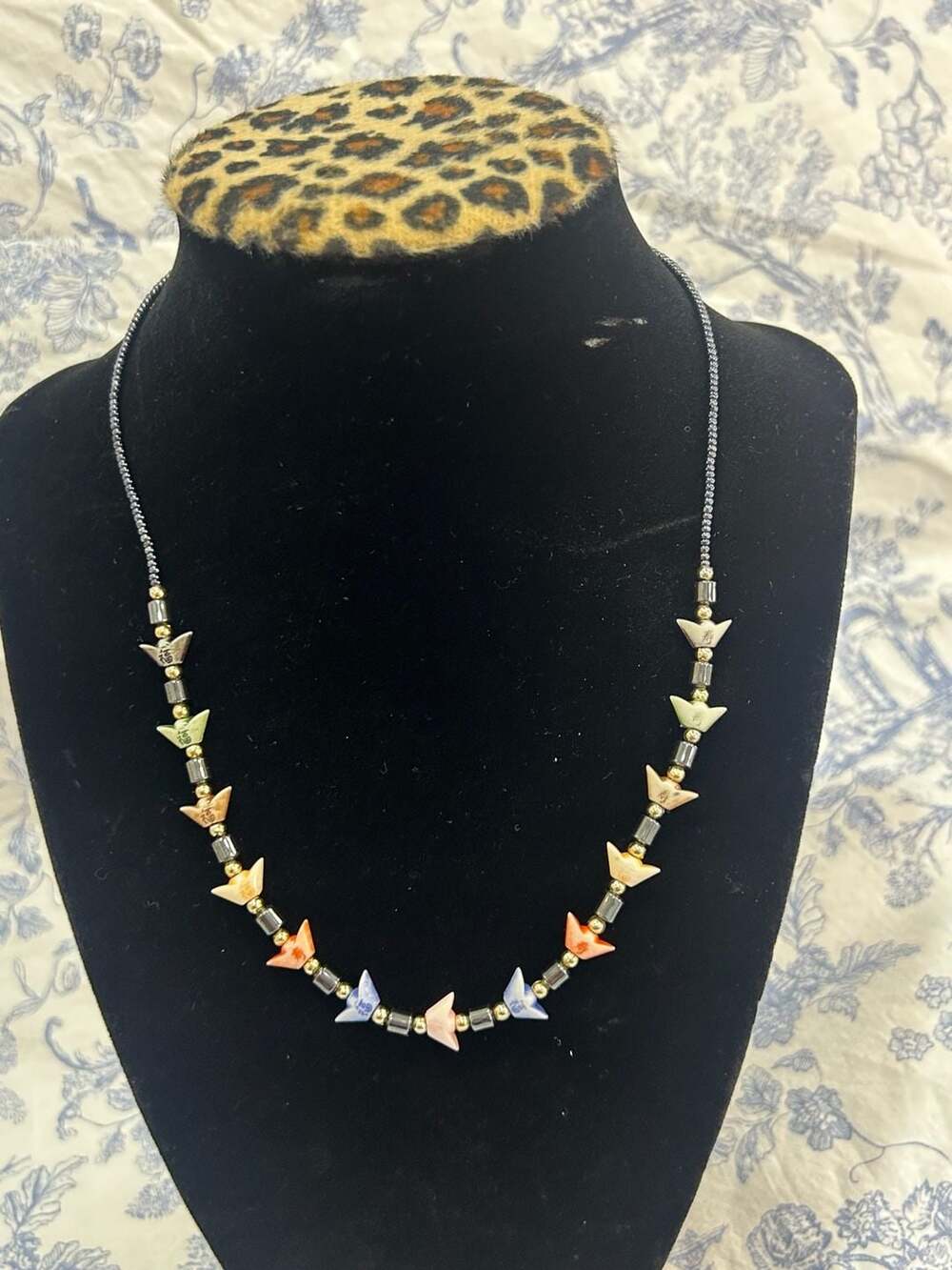 Vintage Chinese Yuanbao Bead Necklace Good Fortune Longevity Gold Tone